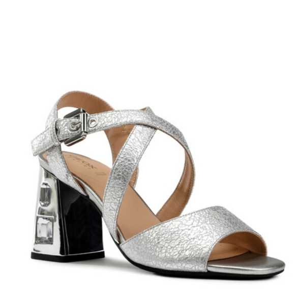 Geox Metallic Silver Rhinestone Jeweled Block Ankle Strap Heels NWT - Picture 3 of 16